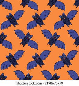 Vector cartoon bats on orange background. Halloween cute seamless pattern