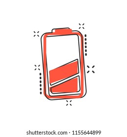 Vector cartoon battery icon in comic style. Battery charge level sign illustration pictogram. Accumulator business splash effect concept.
