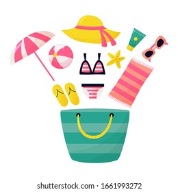 Vector cartoon beach bag with accessories for travel. Summer vacation. Isolated on white background.