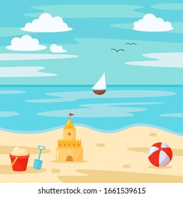 Vector cartoon beach scene with sand castle, bucket, shovel and beach. Summer vacation.