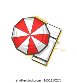 Vector cartoon beach umbrella and lounge, vector illustration isolated on white background