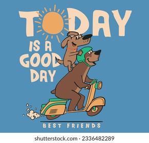 vector cartoon bear and dog friends motorcycle driving print