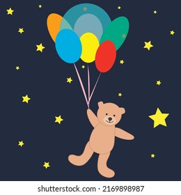 Vector. Cartoon bear flies and holds colorful balloons on a night starry background. Greeting card, textile