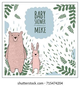 Vector cartoon bear and hare with the inscription baby shower