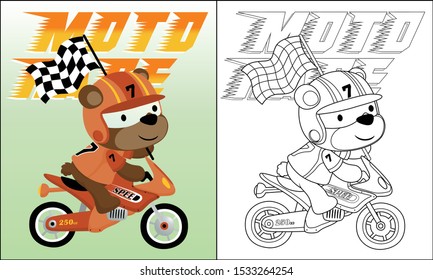 Vector cartoon of bear in racer costume on racing bike carrying finish flag, coloring book or page