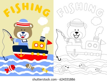 vector cartoon of bear in sailor costume fishing on the boat, coloring book or page