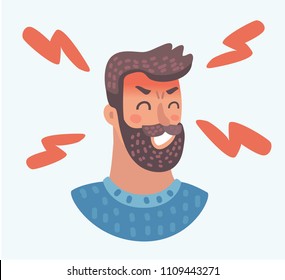 Vector cartoon beard man face, angry facial expression on white background. Handsome character frowns, feeling distresses, frustrated, sullen, upset. Angry face expression.