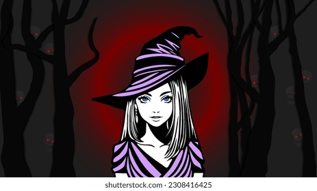 Vector cartoon beautiful cute kawaii young witch teen on dark forest background with crooked trees and skulls with red eyes. Happy Halloween.