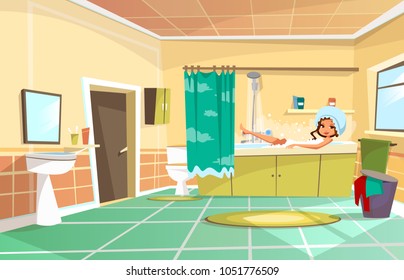 Vector cartoon beautiful girl having bath in bathtub. Illustration with female character, cute woman relaxing in bubble shampoo soap washing taking shower. Body care hygiene, healthy lifestyle concept