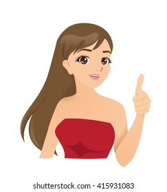 Vector cartoon of beautiful girl wearing red dress making thumb up sign
