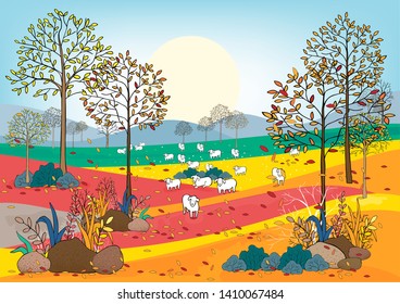 Vector cartoon of beautiful  landscape english countryside with sheeps, forest trees and leaving falling in Autumn, Panorama view of farm field with family of lambs on hills in fall season.