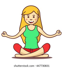 Vector cartoon beautiful  woman exercising yoga poses. Health girl relax in fitness poses.