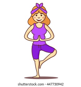 Vector cartoon beautiful  woman exercising yoga poses. Health girl relax in fitness poses.