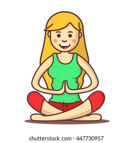 Vector cartoon beautiful  woman exercising yoga poses. Health girl relax in fitness poses.