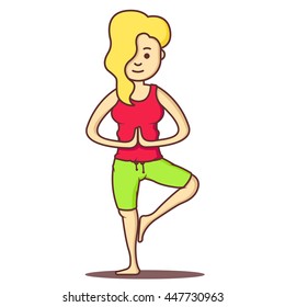 Vector cartoon beautiful  woman exercising yoga poses. Health girl relax in fitness poses.