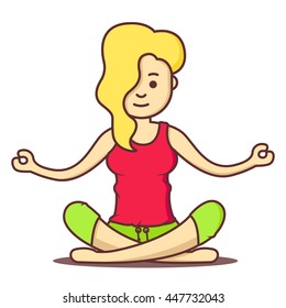 Vector cartoon beautiful woman exercising yoga poses.Health girl relax in fitness poses.