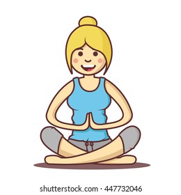 Vector cartoon beautiful woman exercising yoga poses.Health girl relax in fitness poses.