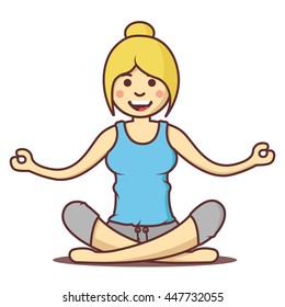 Vector cartoon beautiful woman exercising yoga poses.Health girl relax in fitness poses.