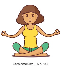 Vector cartoon beautiful woman exercising yoga poses. Health girl relax in fitness poses.