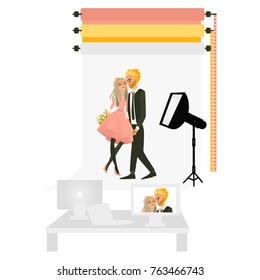 vector cartoon beautiful young couple in love holding hands, flowers bouquet hugging each other posing in photostudio making photos under softbox light . Isolated illustration on a white background.