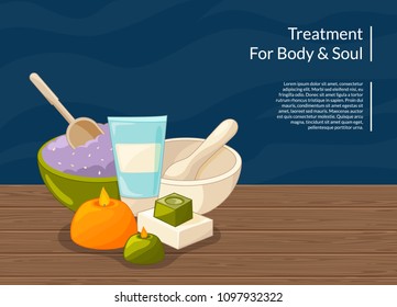Vector cartoon beauty and spa elements on wooden texture with place for text illustration