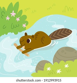 Vector cartoon beaver busy maintaining, building its river dam. Beaver swims carrying a branch in his paws to build its dam.