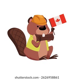 Vector cartoon beaver wearing construction helmet, vests with log in teeth and Canada flag. National symbol. Children character. Flat style. Isolated background. Icon. Illustration.