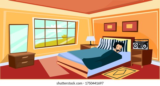 Vector cartoon bedroom interior background template. Cozy modern house room in morning light. Illustration with sofa, mirror, big window, nightstand with lamp, carpet, plant in pot, wall pictures