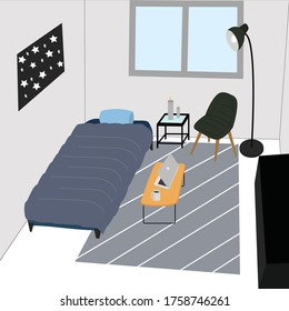 Vector cartoon bedroom interior background template.