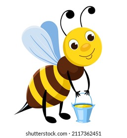 La abeja de dibujos animados vectoriales vuela con un cubo de miel. Aislado en blanco.