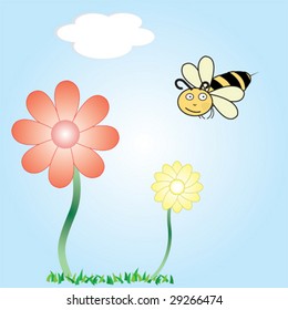 A vector cartoon of a bee flying around flowers