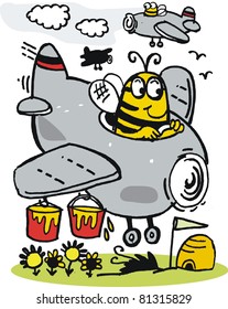 Vector cartoon of bee in plane with honey bucket