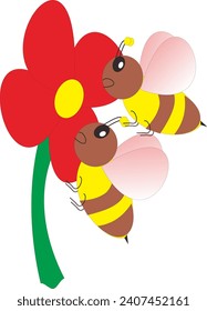 vector cartoon bee sucking flower essence.