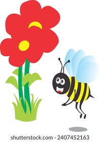 vector cartoon bee sucking flower essence.