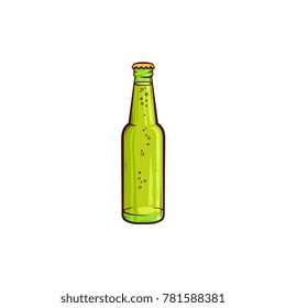 vector cartoon beer glass bottle with water drops green mockup closeup without lebel. Ready for your design product packaging. Isolated illustration on a white background.