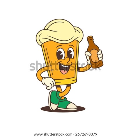 Vector cartoon beer glass mascot with a foamy head stands confidently with crossed legs while holding a brown beer bottle. Perfect for brewery branding, beer festivals, and beverage marketing designs