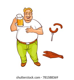 Vector cartoon beer lover - adult man with big beer belly holding mug of golden lager cool beer with thick foam, sausage at fork, dried fish - beer snacks. Isolated illustration, white background
