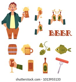 Vector cartoon beer symbol icon set. Obese man holding mug of golden lager cool beer with thick foam, bottle of beer, green hop cones, leaves, sausages, dried fish, illustration on isolated background