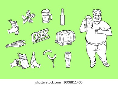 Vector cartoon beer symbols icon monohcrome set. Obese man holding mug of golden lager cool beer with thick foam, bottle of beer, green hop cones, leaves, sausages, dried fish illustration