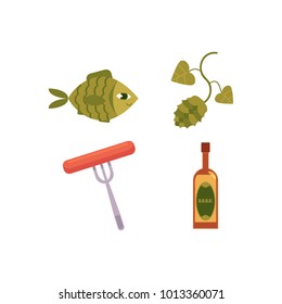 Vector cartoon beer symbols icon set. Glass bottle of golden lager cool beer, green hop cones with leaves, sausage at fork, dried fish - beer snacks. Isolated illustration, white background