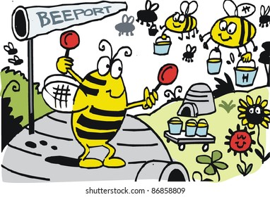 Vector cartoon of bees landing at hive airport.