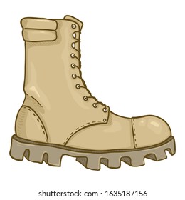 Vector Cartoon Beige Army Boots. Sand Color High Military Shoe. Side View.