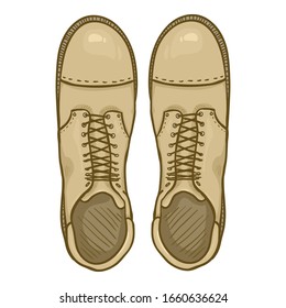 Vector Cartoon Beige Army Boots. Sand Color High Military Shoes. Top View.