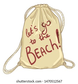 Vector Cartoon Beige Drawstring Bag. Textile Backpack with Text - Let's go to the Beach