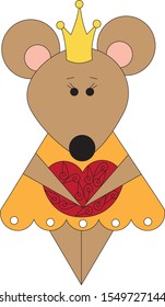 vector cartoon beige mouse as a symbol of the year in the Golden crown with a red heart in orange dress