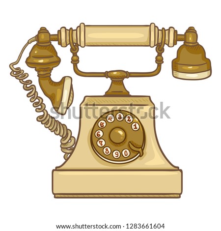 Vector Cartoon Beige Old Vintage Telephone. Retro Rotary Phone
