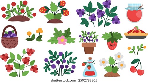 Vector cartoon berry clipart set. Woodland or garden plants icons collection. Forest nature illustrations with strawberry, cranberry, raspberry, blackberry, jam, basket. Cottage core harvest pack
