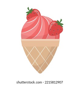 Vector cartoon berry ice cream with a strawberry in waffle cone. Sweet dessert isolated on a white background.