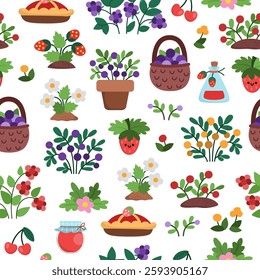 Vector cartoon berry seamless pattern. Cute repeat background with woodland or garden plants. Forest nature texture with strawberry, raspberry, blackberry, jam, basket. Cottage core digital paper
