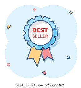 Vector cartoon best seller ribbon icon in comic style. Medal sign illustration pictogram. Bestseller business splash effect concept.
